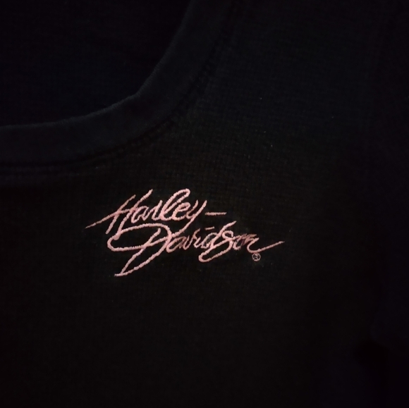 Harley Davidson Waffle Knit Scoop Neck Pullover Long Sleeve L Pink Black Cotton - Picture 2 of 10